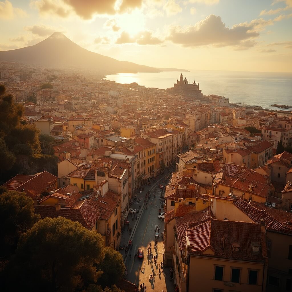 Naples in June: Your Ultimate Mediterranean Escape Guide Aerial view of Naples cityscape at sunset with terracotta rooftops, Mediterranean sea, and Vesuvius volcano