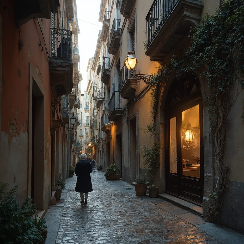 Uncrowded Naples: Your Ultimate February Travel Guide Elderly woman walking on a narrow cobblestone street in Naples' historic center with medieval buildings, traditional café, and vintage streetlamps on a quiet February afternoon.