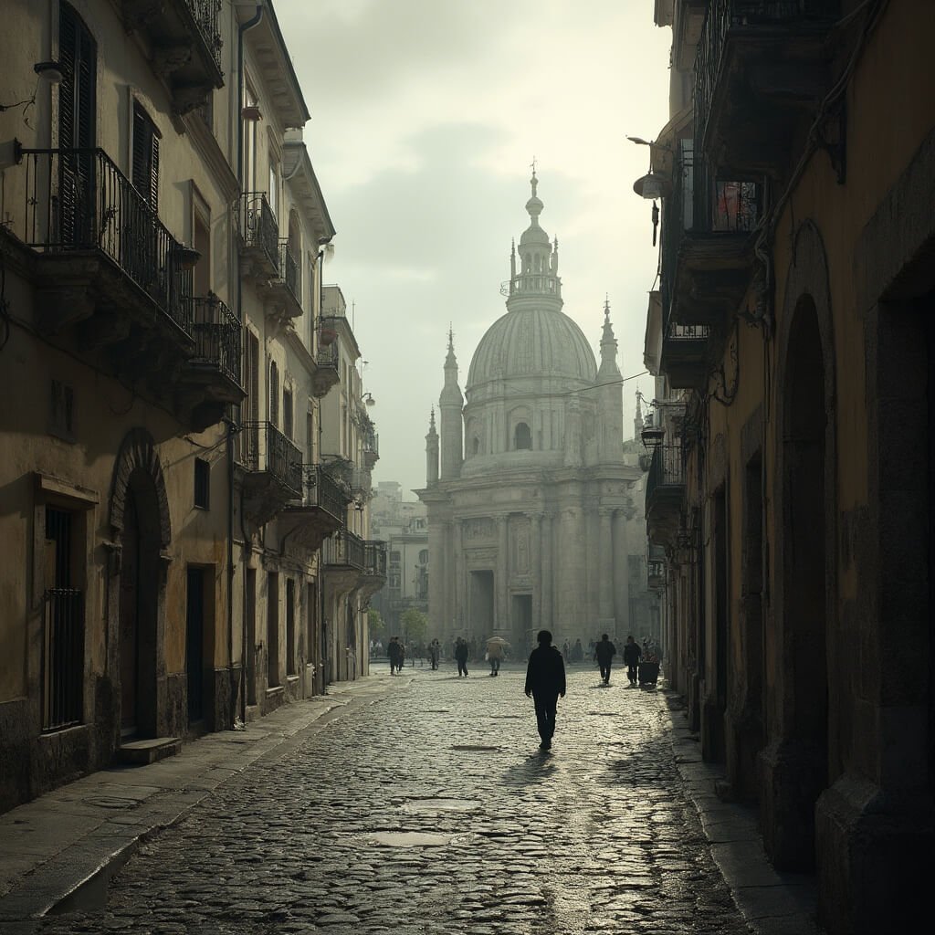 Naples in November: Your Ultimate Low-Season Travel Guide A lone figure traversing the empty cobblestone piazza in Naples on a moody November morning, surrounded by ancient baroque architecture illuminated by soft golden light filtering through overcast skies, no tourists in sight