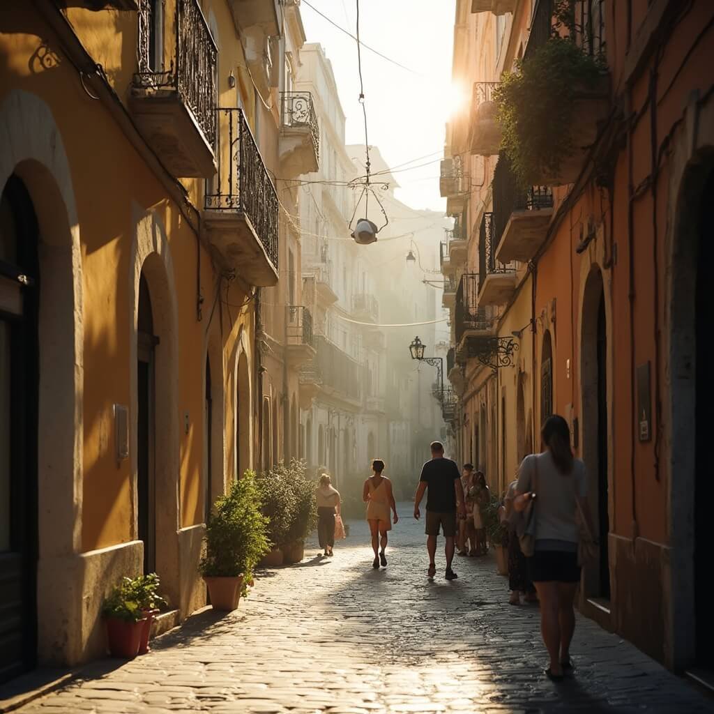 Naples in May: Your Ultimate Mediterranean Escape Locals strolling on a narrow cobblestone street in Spaccanapoli district, Naples, surrounded by pastel-colored historic buildings under warm May sunlight with soft golden evening light filtering between structures, showcasing authentic Italian urban ambiance