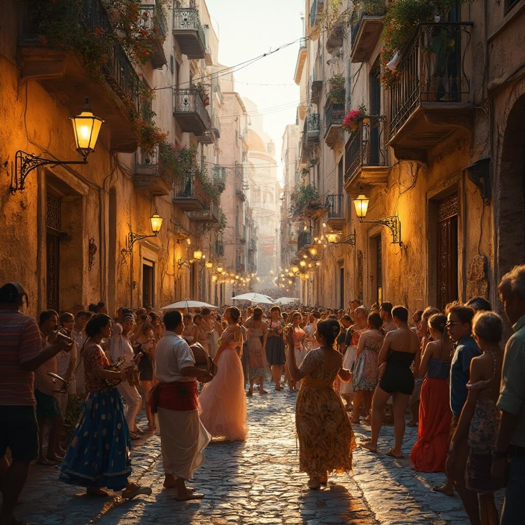 Naples in August: The Ultimate Sun-Soaked Adventure You Can't Miss Cobblestone street in Naples historic center during a spontaneous street festival, with locals, musicians, dancers, vintage street lamps and laundry hanging from ornate wrought iron balconies