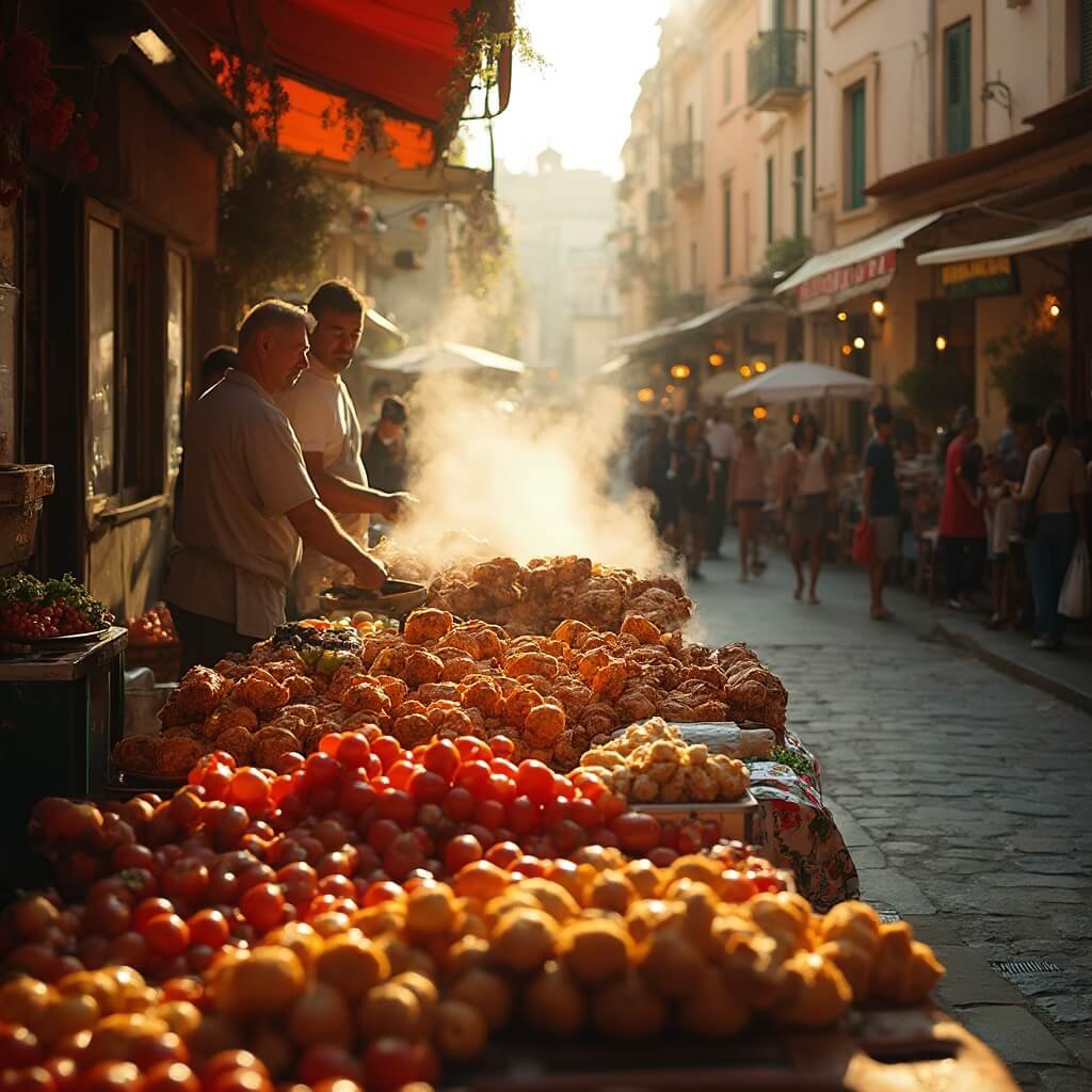 Why September in Naples Will Blow Your Mind: The Ultimate Mediterranean Escape Guide Bustling street market in Naples under September golden hour lighting, overflowing with seasonal tomatoes, fresh produce, and vibrant vegetables, with local vendors preparing arancini at traditional stalls, amidst narrow cobblestone streets near Spaccanapoli in warm amber tones, and people exploring and dining outdoors.