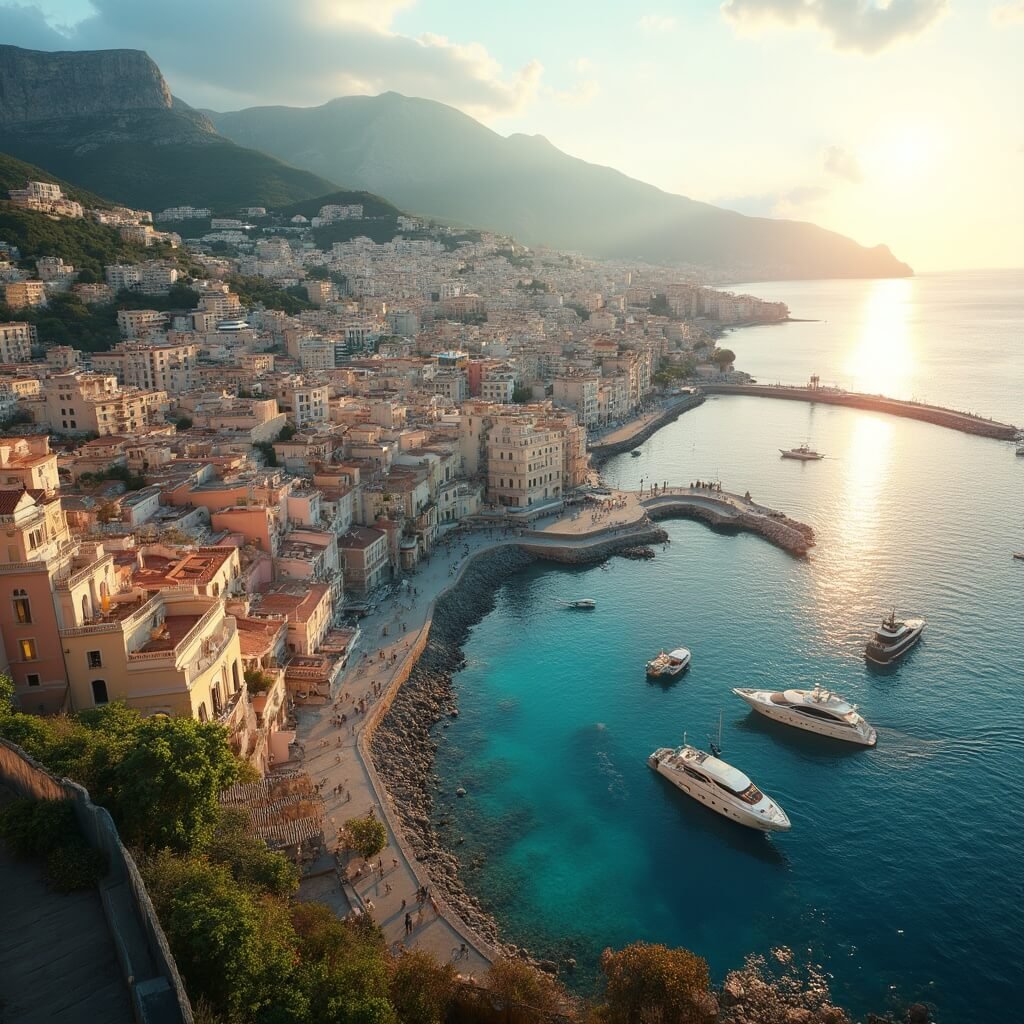 Naples in May: Your Ultimate Mediterranean Escape Aerial view of Naples' Santa Lucia district at sunset with pastel-colored buildings, clear harbor with boats, and Mount Vesuvius in the background