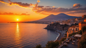 "Sunset over Naples' Posillipo coastline with Mount Vesuvius silhouette, golden light on traditional buildings, and locals at outdoor terraces"