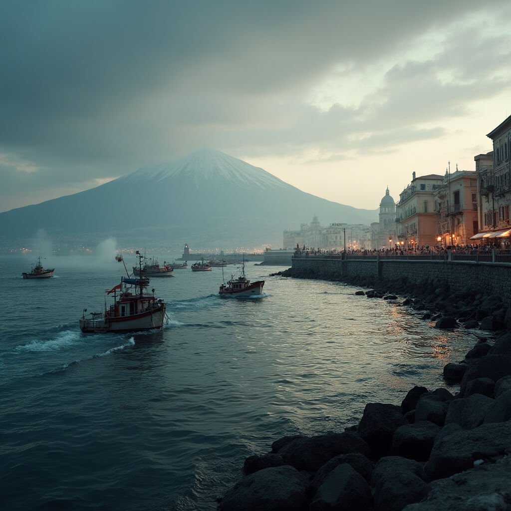 Uncrowded Naples: Your Ultimate February Travel Guide Naples' seafront at dawn with snow-capped Mount Vesuvius in the background, fishing boats in the harbor, and historic buildings illuminated by golden hour light