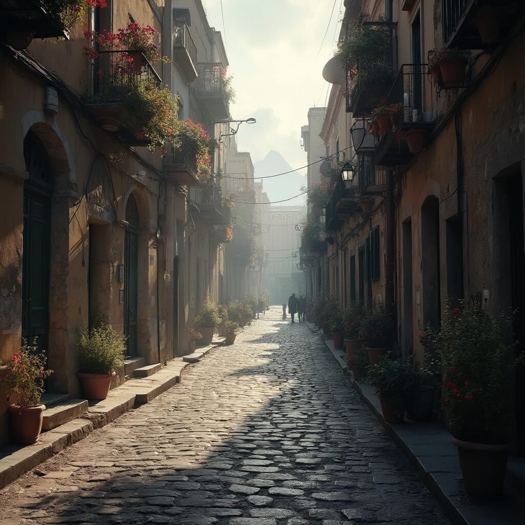 🌊 Why Naples in March? Your Ultimate Insider's Guide to Italy's Most Unpredictable Shoulder Season Destination Dramatic early morning scene in Neapolitan street with cobblestone path, historic buildings, spring flowers on windowsills, and distant view of Mount Vesuvius in misty light