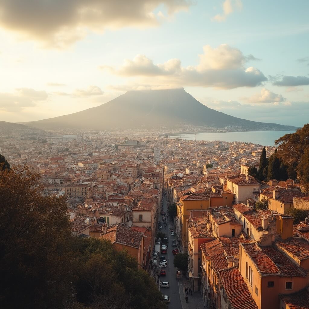 Naples in October: Your Ultimate Off-Season Mediterranean Escape Panoramic view of Naples featuring terracotta rooftops and historic buildings in autumn sunlight, Mount Vesuvius in background, and Mediterranean sea in distance