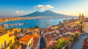 "Aerial view of Naples in springtime with Mount Vesuvius, colorful cityscape, blooming flowers, historic buildings, Bay of Naples, café umbrellas, and distant Capri on the horizon in golden hour lighting."