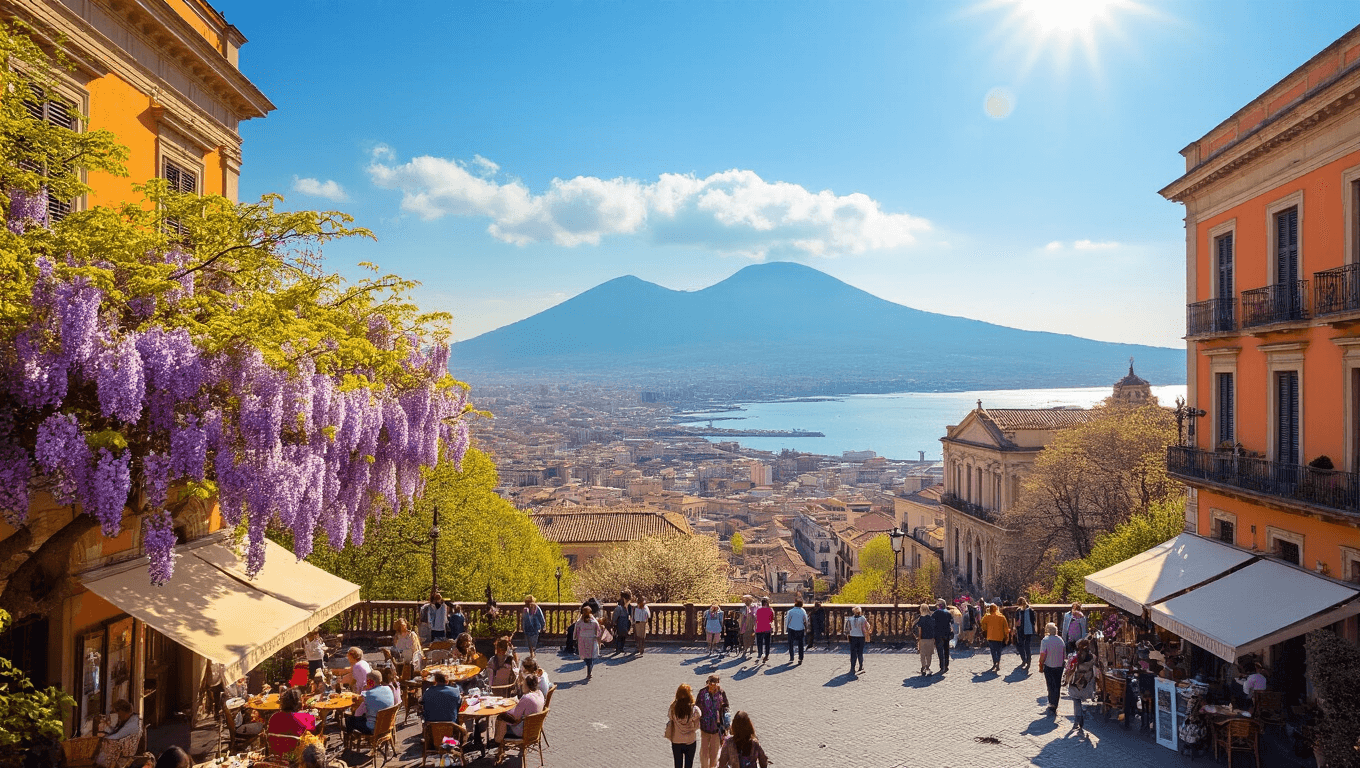 "Panoramic view of Naples in spring with Mount Vesuvius, a sunny piazza with wisteria and orange trees, people at café tables, historic baroque buildings, Easter decorations, and the Bay of Naples in the distance."
