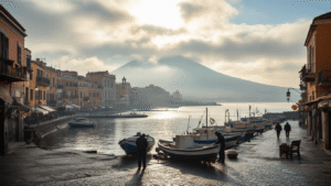 "Misty morning in Naples with Mount Vesuvius in the background, fishermen preparing boats at harbor, colorful waterfront buildings, and subtle signs of Carnival preparations, under soft winter sunlight"