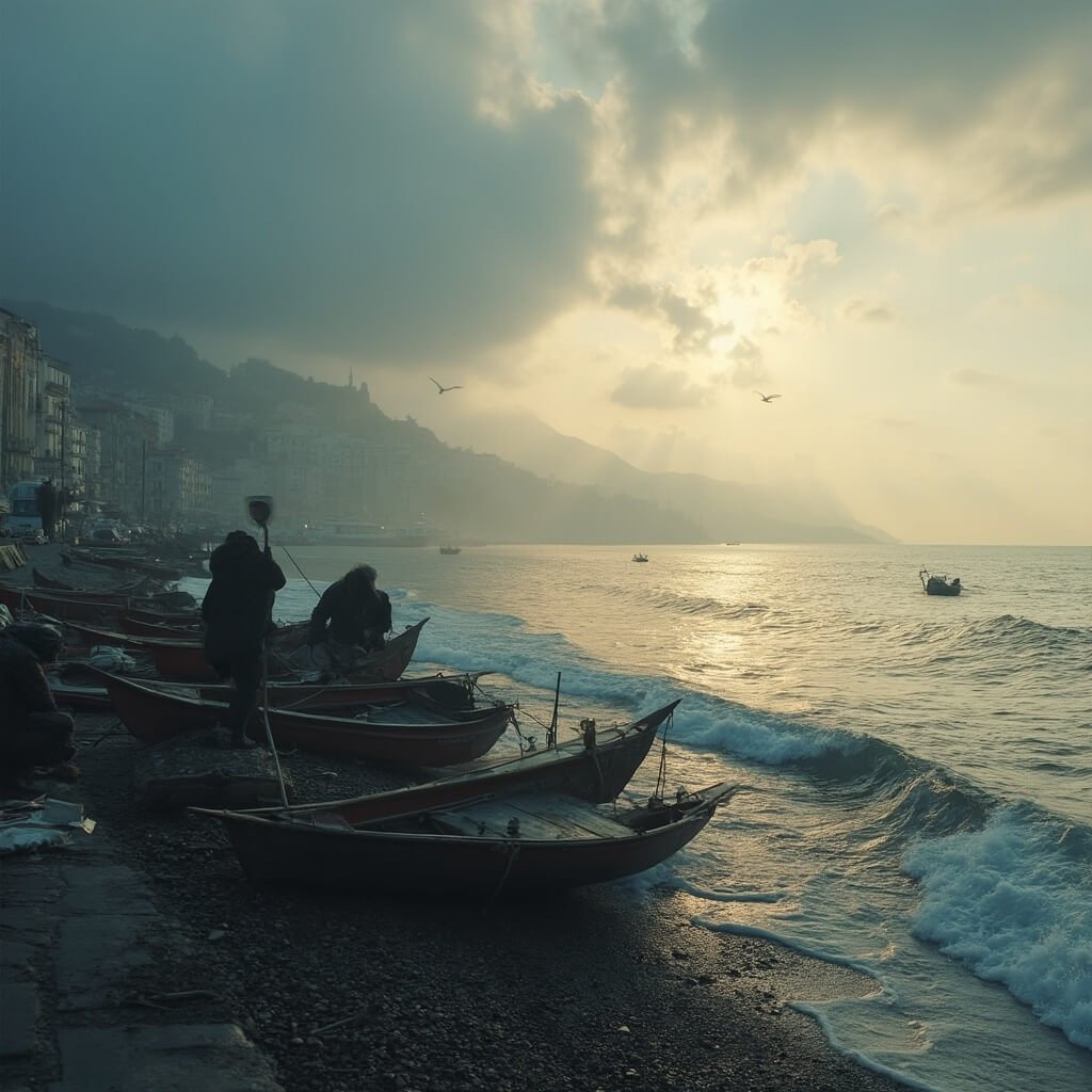 Uncrowded Naples: Your Ultimate February Travel Guide Dramatic winter dawn at Naples seafront, featuring fishermen prepping wooden boats, historic buildings in distance and Mediterranean waters under a sky of misty clouds and soft golden sunlight