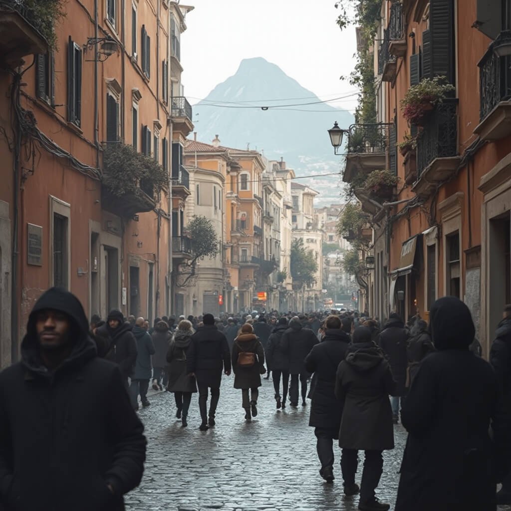 Naples in December: Your Ultimate Winter Travel Hack (No Summer Crowds Guaranteed!) Early morning winter scene in Naples, featuring historic buildings, wet cobblestone streets, people in winter coats, soft lighting, terracotta and stone architecture in muted colors, with Mount Vesuvius in the distance