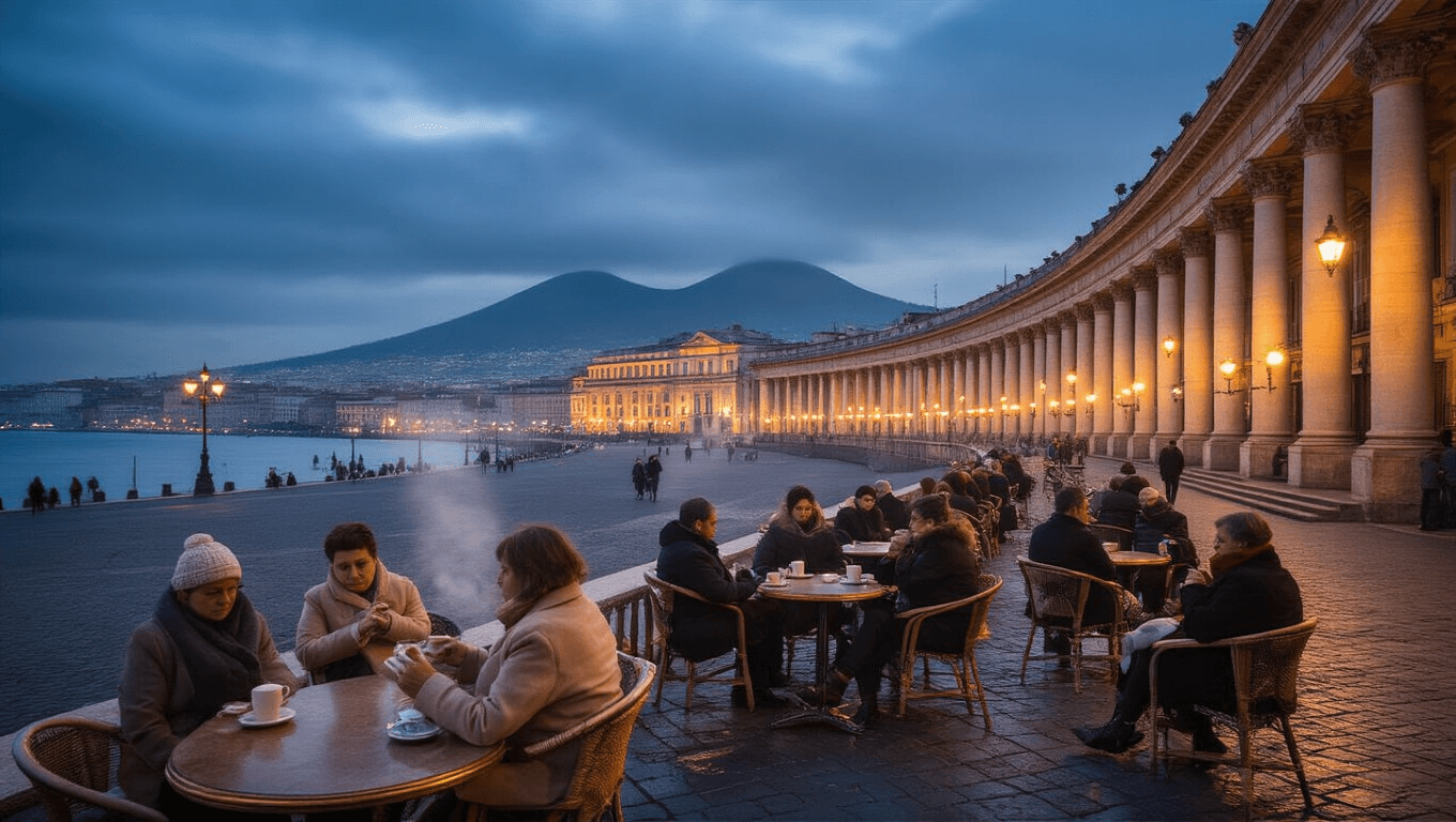 "Winter twilight at Naples' Piazza del Plebiscito with Royal Palace illumination, locals at an outdoor café, and Mount Vesuvius in the background."