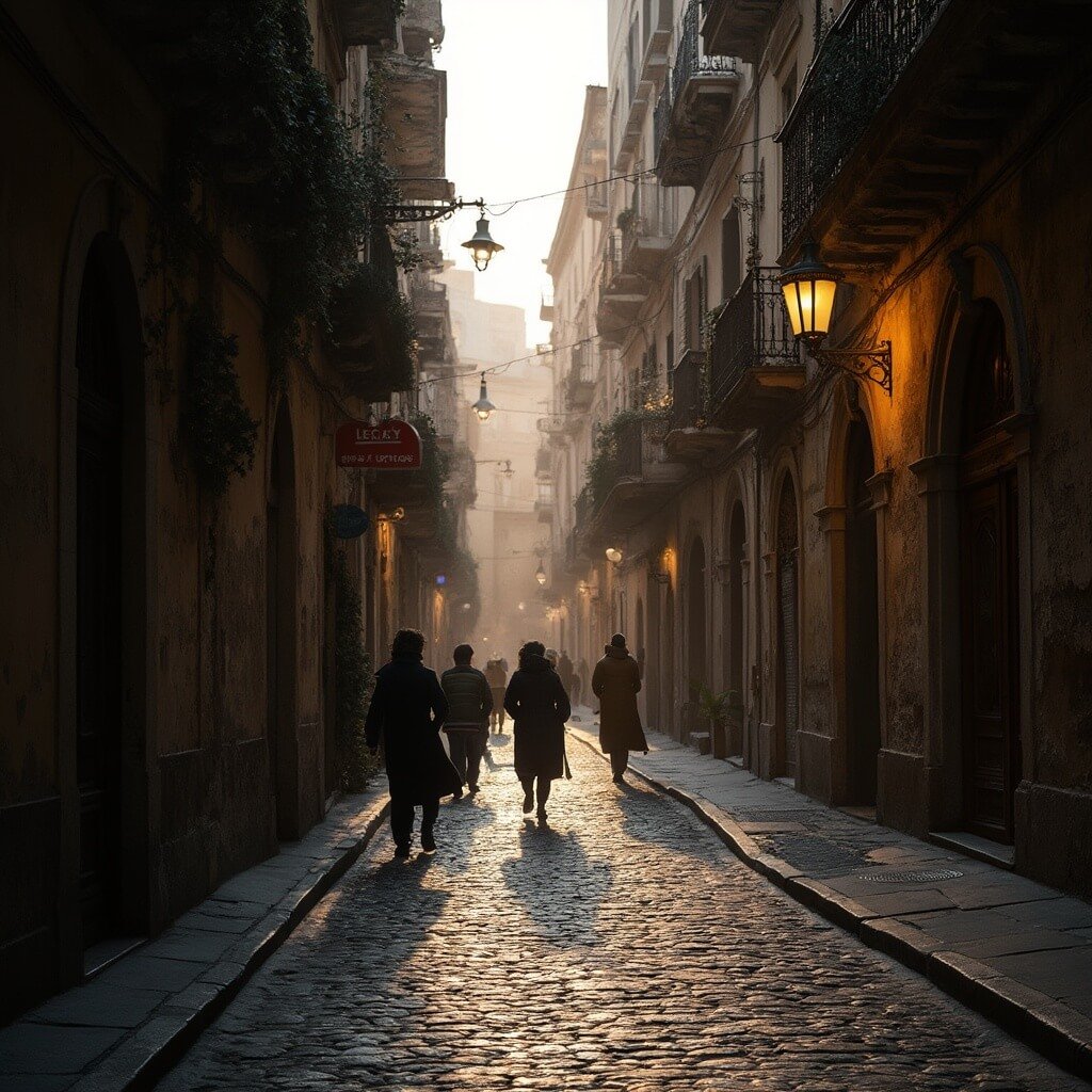 Naples in December: Your Ultimate Winter Travel Hack (No Summer Crowds Guaranteed!) Cobblestone streets of historic Naples in December twilight, with long shadows in narrow medieval alleys, pedestrians in warm coats, sunlight filtering through old buildings, glowing vintage street lamps, and traditional Neapolitan architecture