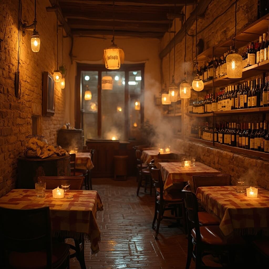 Naples in November: Your Ultimate Low-Season Travel Guide Cozy Neapolitan enoteca interior with warm lighting, rustic shelves with local wine bottles, small tables with checkered tablecloths, pasta e fagioli and mushroom risotto dishes, roasted chestnuts, brick walls, vintage wine barrels, and candlelight ambiance.