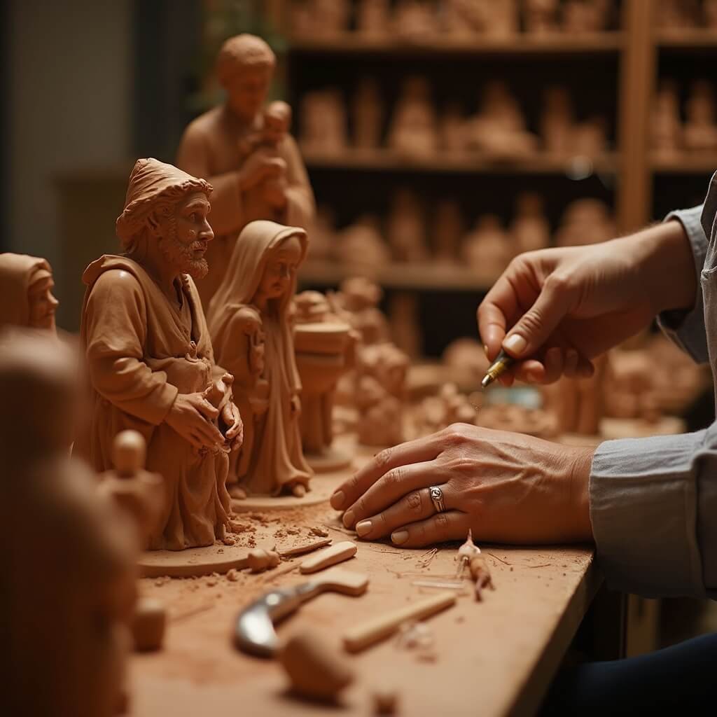 Naples in December: Your Ultimate Winter Travel Hack (No Summer Crowds Guaranteed!) Artisan meticulously sculpting terracotta figurines for a traditional Neapolitan Christmas nativity scene in a warmly lit workshop, with tools and clay on workbench and shelves of partially completed figurines in the background