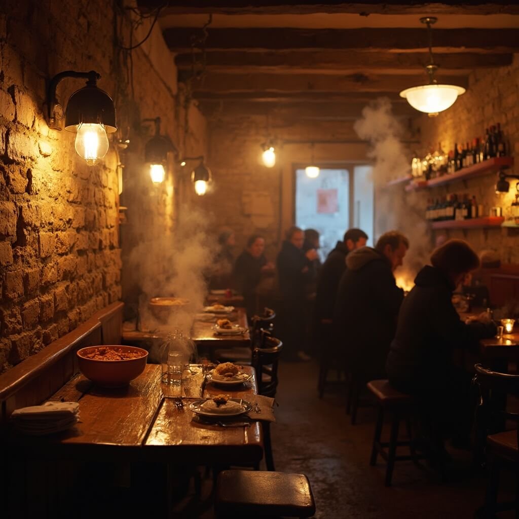 Naples in December: Your Ultimate Winter Travel Hack (No Summer Crowds Guaranteed!) Interior of a cozy Neapolitan trattoria in winter evening with warm golden lighting, rustic wooden tables, steaming bowls of pasta e fagioli soup, honey-covered struffoli pastries, exposed brick walls, locals dining in winter clothing, and vintage wine bottles on shelves in an authentic Italian restaurant setting