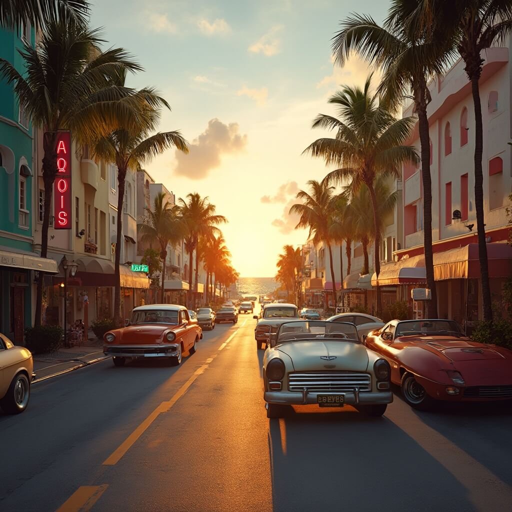 South Beach in July: Your Ultimate Tropical Paradise Survival Guide Ocean Drive in Miami at golden hour featuring art deco buildings, vintage convertible cars, palm trees and long shadows