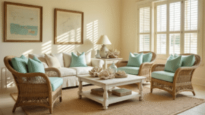 Elegant Old Florida living room with vintage rattan furniture, seafoam green cushions, and coral accents, bathed in golden afternoon sunlight, featuring a sandy beige slipcovered sofa, weathered white coffee table with coral and nautical maps, and coastal artwork, all enhancing a warm, inviting atmosphere.