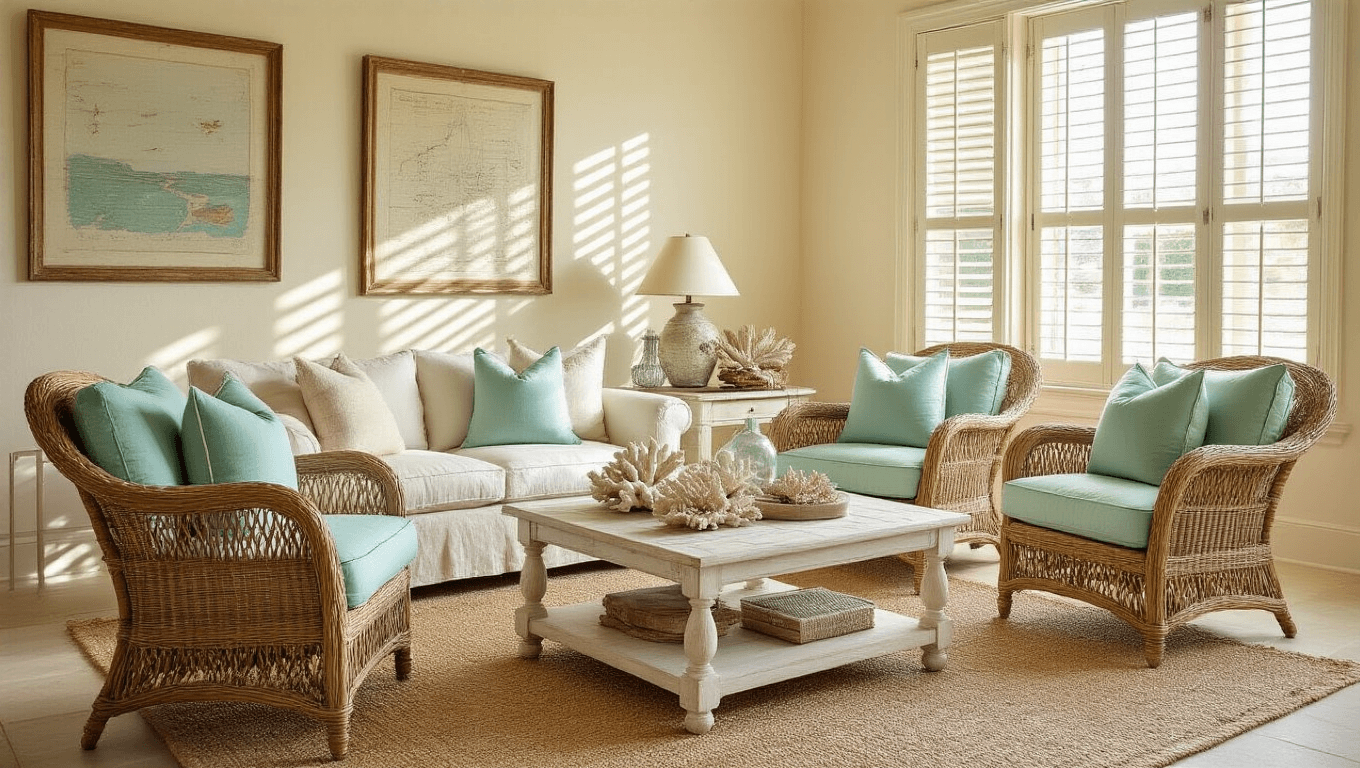 Elegant Old Florida living room with vintage rattan furniture, seafoam green cushions, and coral accents, bathed in golden afternoon sunlight, featuring a sandy beige slipcovered sofa, weathered white coffee table with coral and nautical maps, and coastal artwork, all enhancing a warm, inviting atmosphere.