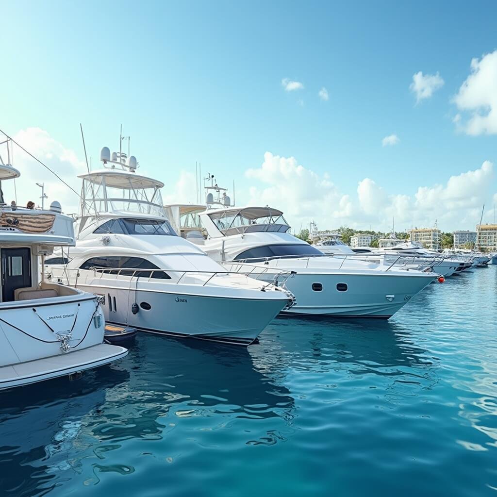 Luxury yachts lined up at Palm Beach International Boat Show, showcasing detailed marina architecture and affluent atmosphere under a clear sky