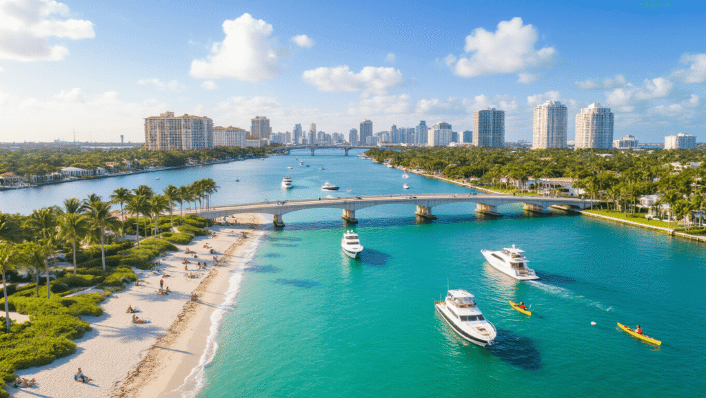 West Palm Beach in March: Your Ultimate Escape Guide "Aerial view of West Palm Beach featuring turquoise Intracoastal Waterway, luxury yachts, palm trees, spring flowers in Mounts Botanical Garden, Royal Palm Bridge, beachgoers, downtown skyline, kayakers in Grassy Waters Preserve, under partly cloudy skies."