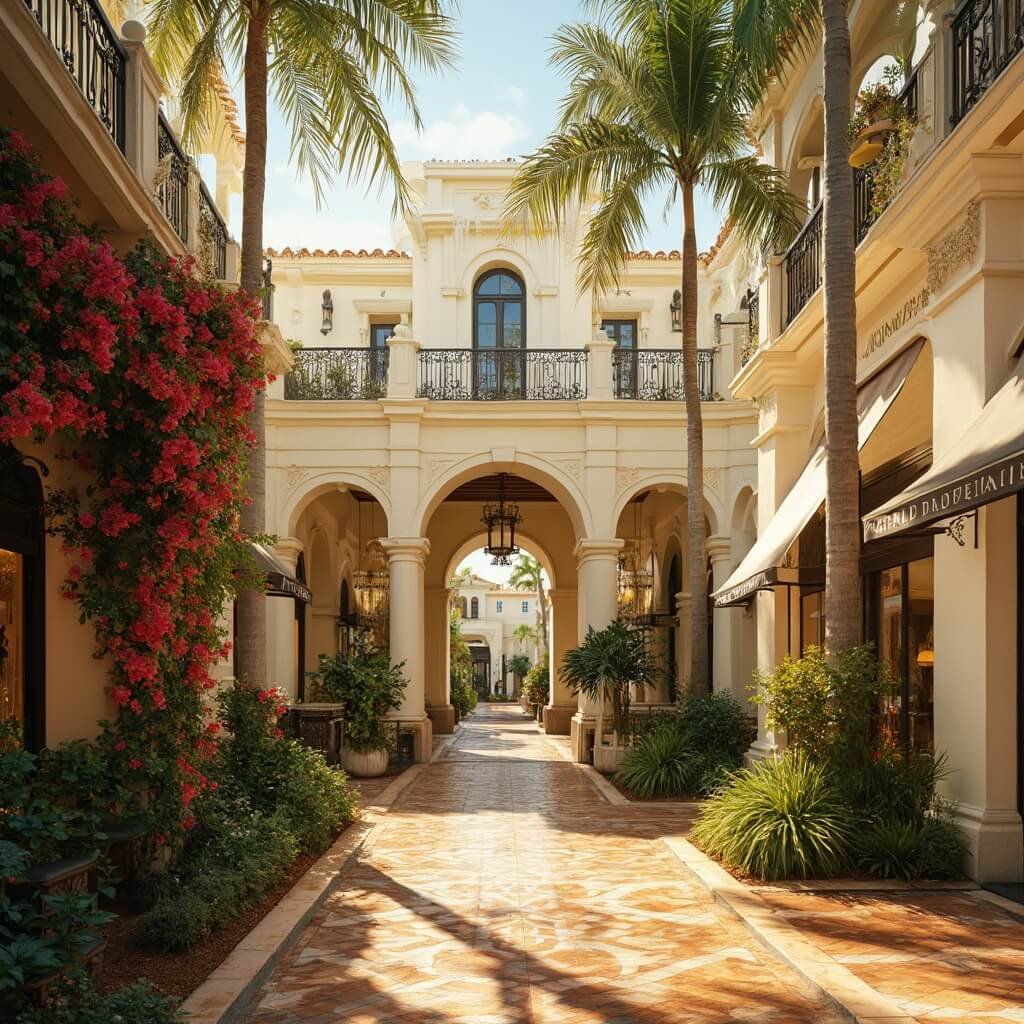 Mediterranean-style courtyard at golden hour in Worth Avenue, Palm Beach, with cream archways, towering palms, bougainvillea flowers, wrought-iron balconies, and high-end boutique storefronts