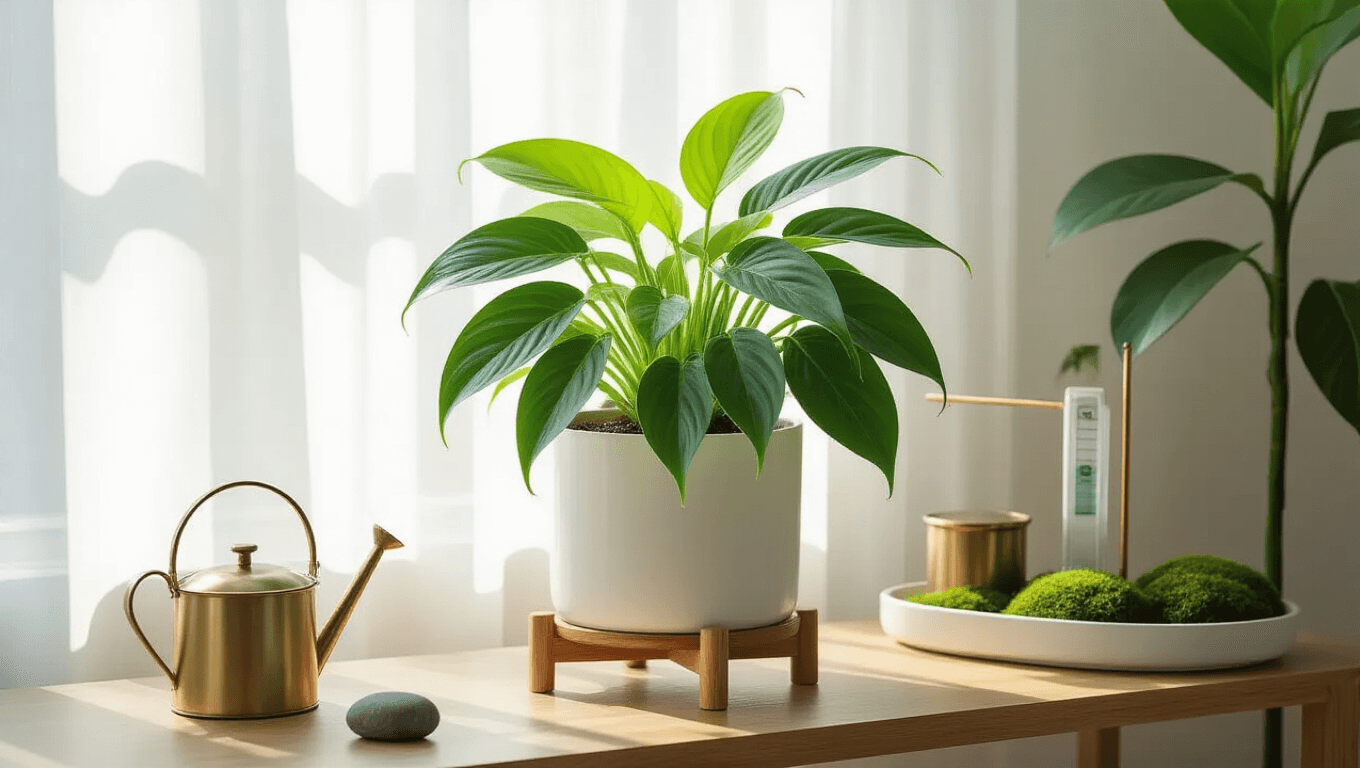 Philodendron Florida Ghost plant in a minimalist white ceramic planter atop a natural wood stand, illuminated by soft morning light, surrounded by a brass watering can, moisture meter, humidity tray with river stones, and a moss pole, in a clean and bright living room setting.