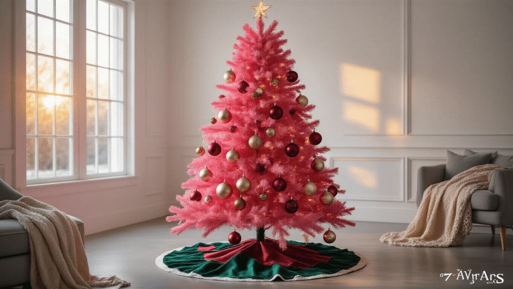 Colorful Christmas Tree: The Ultimate Guide to Festive, Eye-Catching Holiday Decor A vibrant pink artificial Christmas tree adorned with metallic copper, deep burgundy, and champagne gold ornaments, surrounded by a cozy holiday setting with multicolored lights, luxurious textures, and warm ambient lighting.