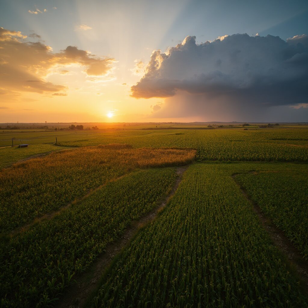 Lakeland's September: Your Ultimate Guide to Florida's Hidden Early Autumn Gem Sustainable farm in Polk County at sunset with modern irrigation systems, diverse crops, a large corn maze, golden hour lighting and storm clouds in the distance