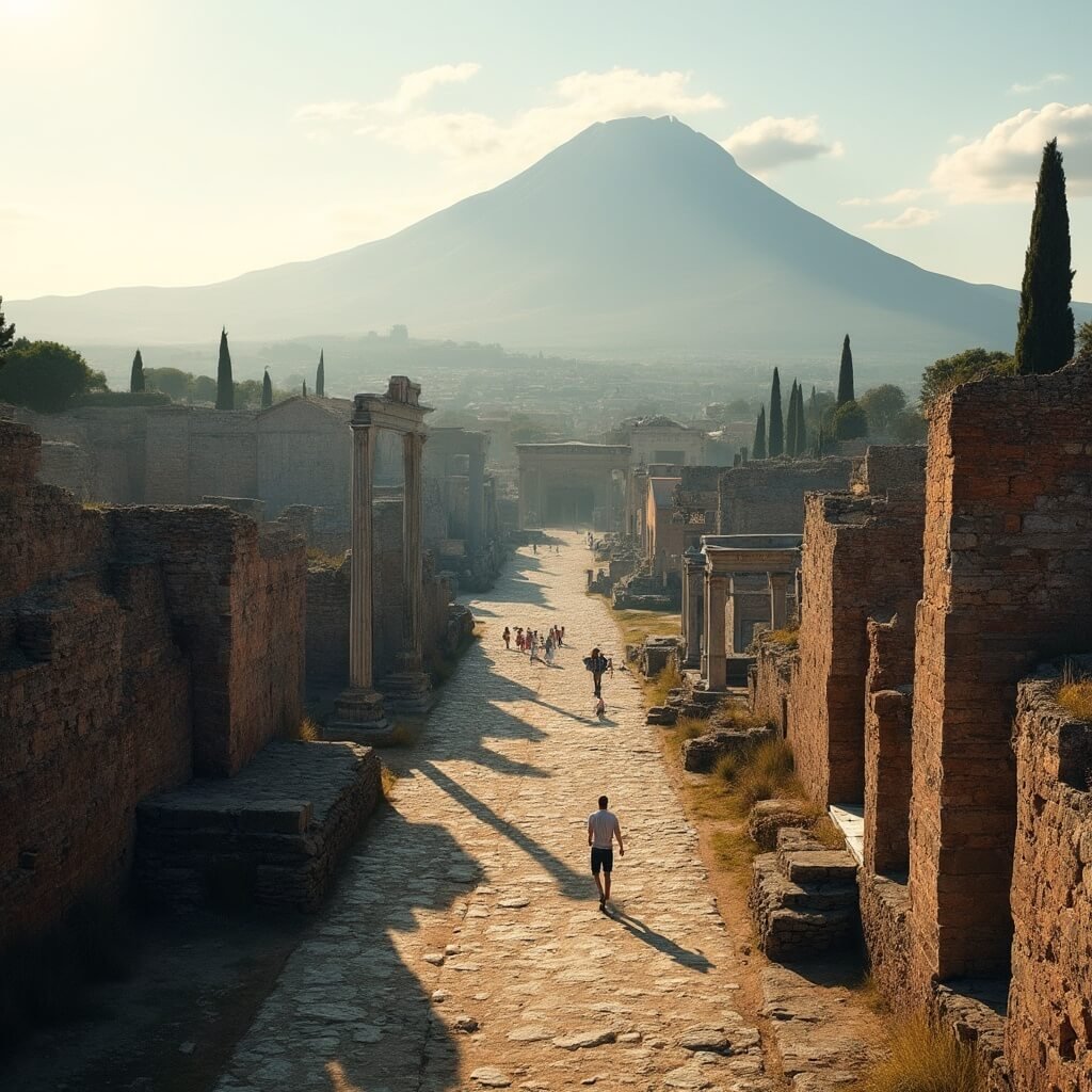 Why September in Naples Will Blow Your Mind: The Ultimate Mediterranean Escape Guide Ancient Pompeii archaeological site under September sunlight showcasing Roman ruins and Mount Vesuvius, with visitors exploring historical pathways and stone carvings amidst cypress trees.