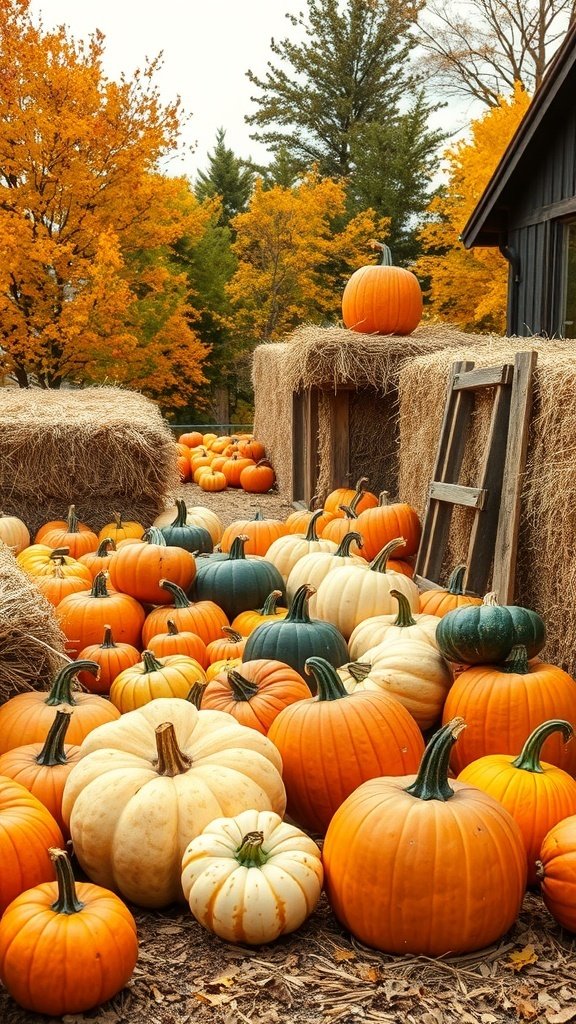 50 Gorgeous Fall Wallpapers to Transform Your Space A rustic pumpkin patch with various pumpkins and hay bales, surrounded by autumn trees.