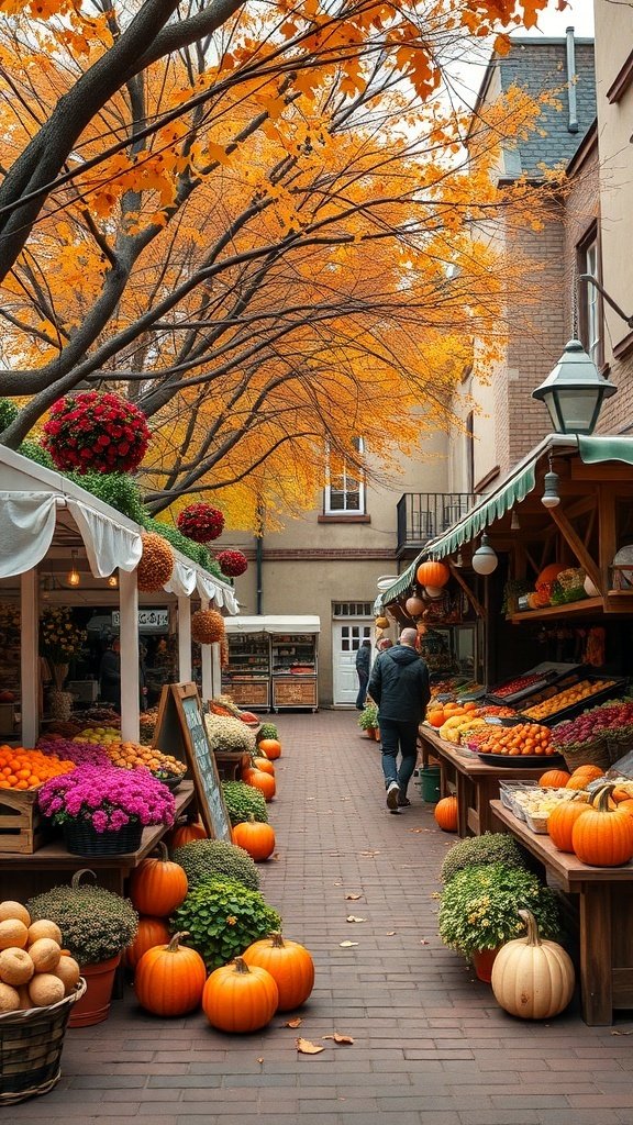50 Gorgeous Fall Wallpapers to Transform Your Space A charming fall market with pumpkins and colorful flowers under orange trees.