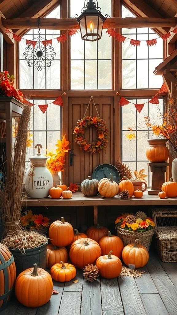 50 Gorgeous Fall Wallpapers to Transform Your Space A cozy rustic fall decor scene featuring pumpkins, autumn leaves, and a warm lantern.