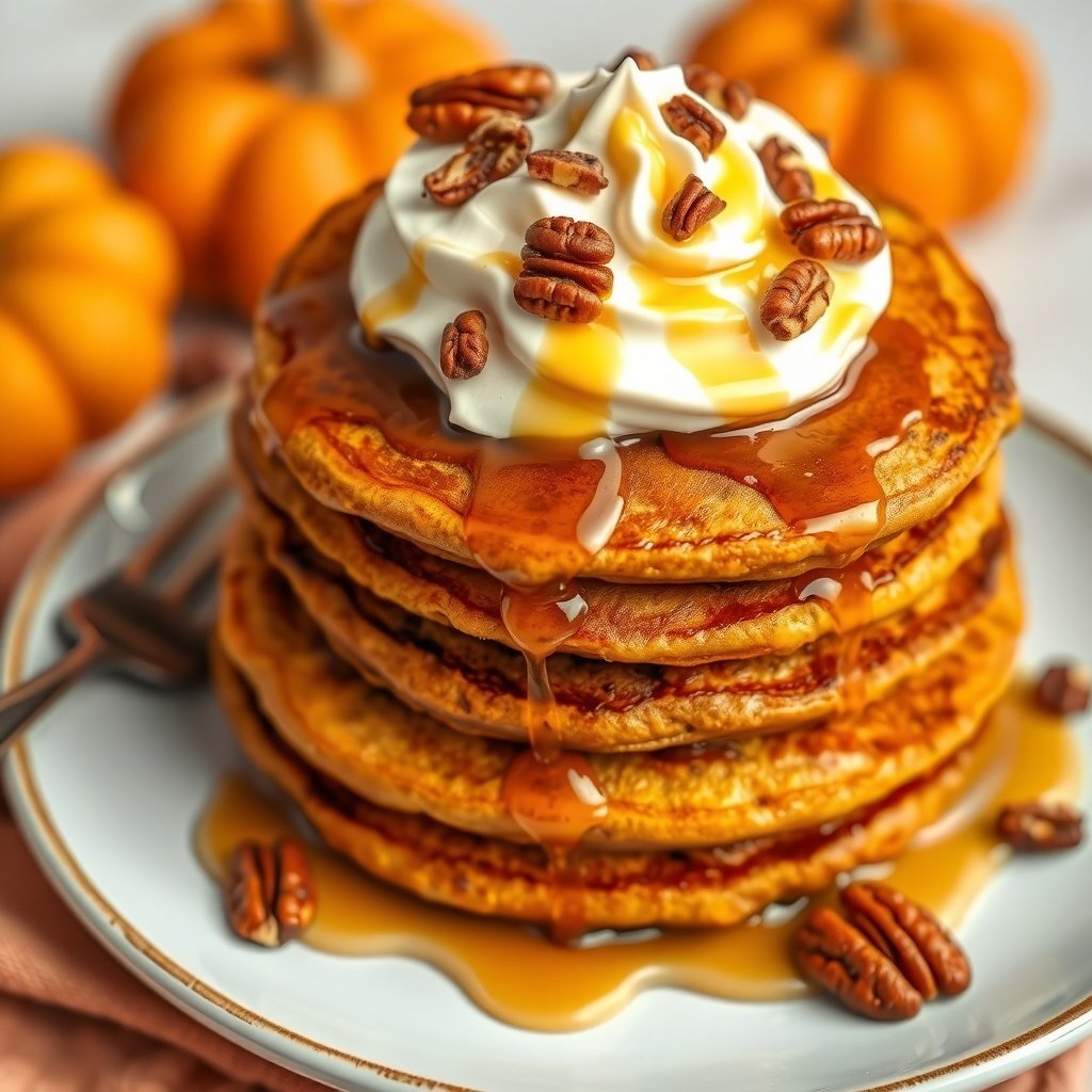 29 Delicious Pumpkin Recipes for Fall Cooking Stack of pumpkin pancakes topped with whipped cream, pecans, and maple syrup