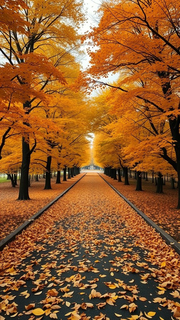 50 Gorgeous Fall Wallpapers to Transform Your Space A pathway lined with trees with orange leaves, leading to a distant point, covered with fallen leaves.