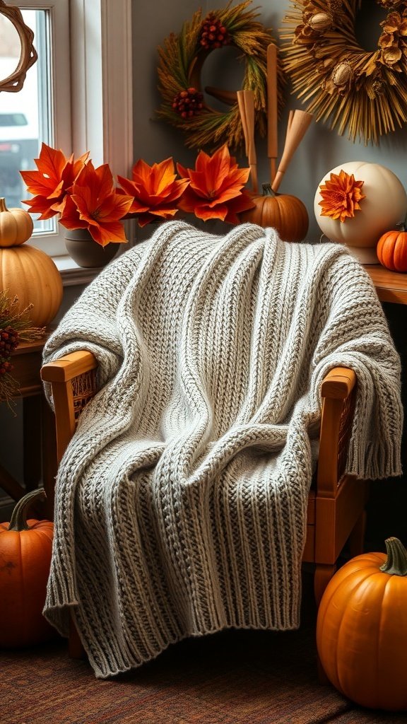 50 Gorgeous Fall Wallpapers to Transform Your Space A cozy chair with a chunky knit blanket, surrounded by pumpkins and autumn decorations.
