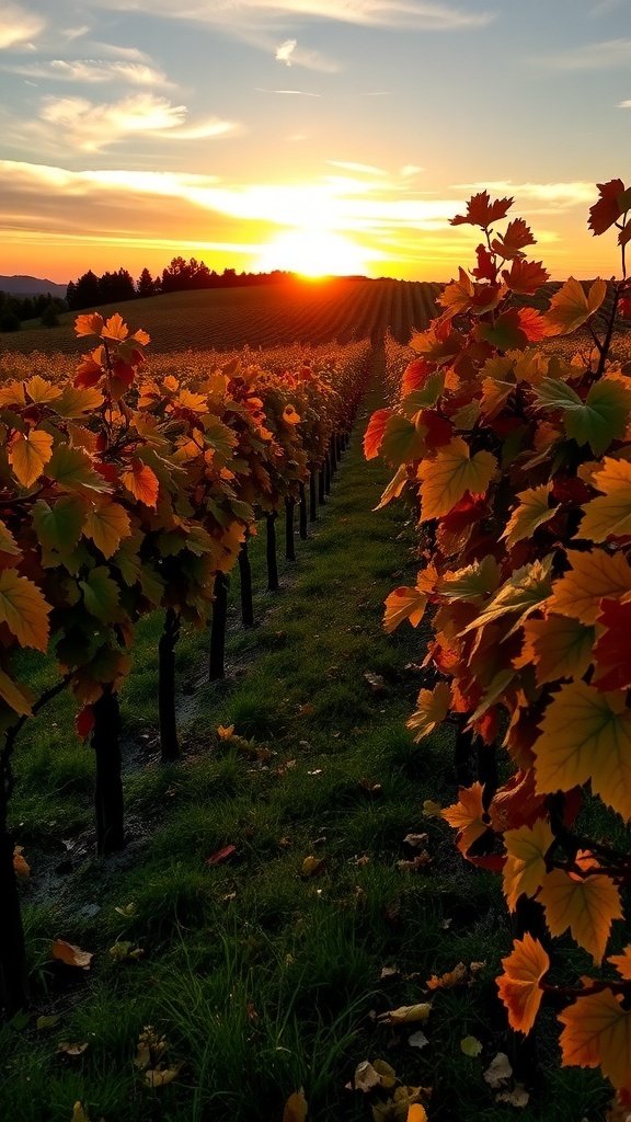 50 Gorgeous Fall Wallpapers to Transform Your Space A scenic vineyard in fall with vibrant orange and gold leaves under a sunset.