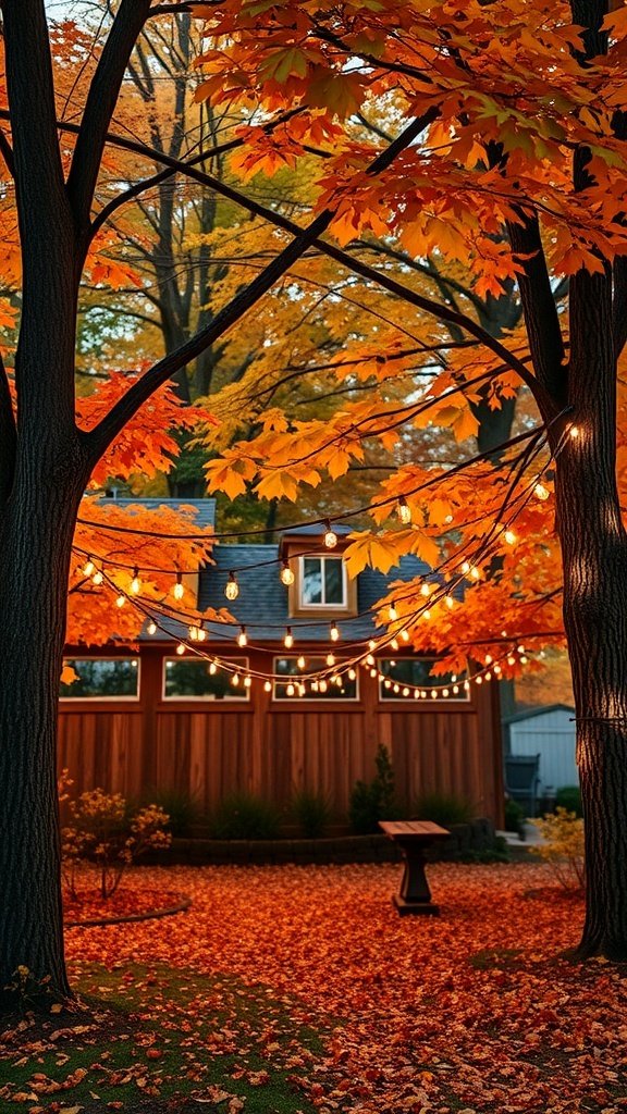 50 Gorgeous Fall Wallpapers to Transform Your Space A backyard with fairy lights hanging between trees, surrounded by vibrant fall leaves.