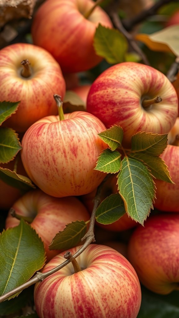 50 Gorgeous Fall Wallpapers to Transform Your Space A close-up of fresh, red and yellow apples with green leaves.