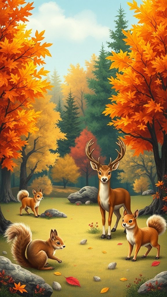 50 Gorgeous Fall Wallpapers to Transform Your Space A serene autumn scene featuring a deer and squirrels among colorful fall foliage.
