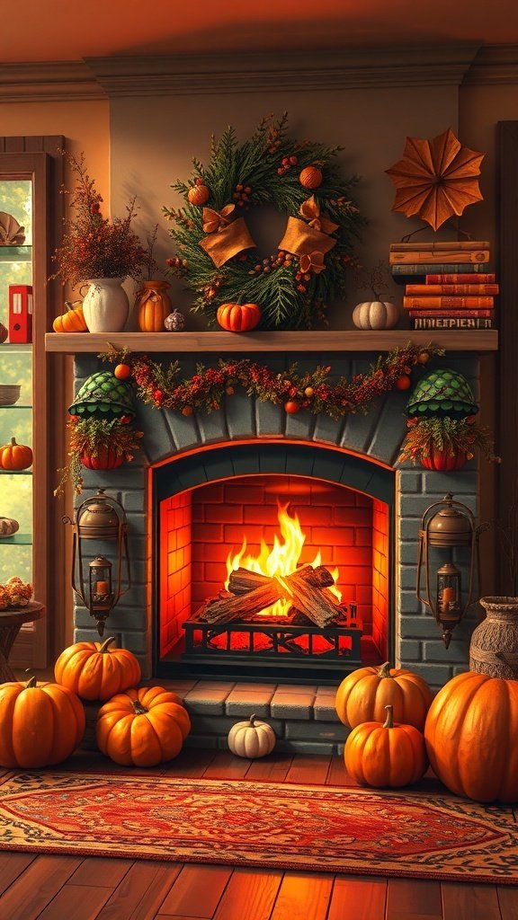 50 Gorgeous Fall Wallpapers to Transform Your Space A cozy fireplace scene with pumpkins, a wreath, and warm flames.
