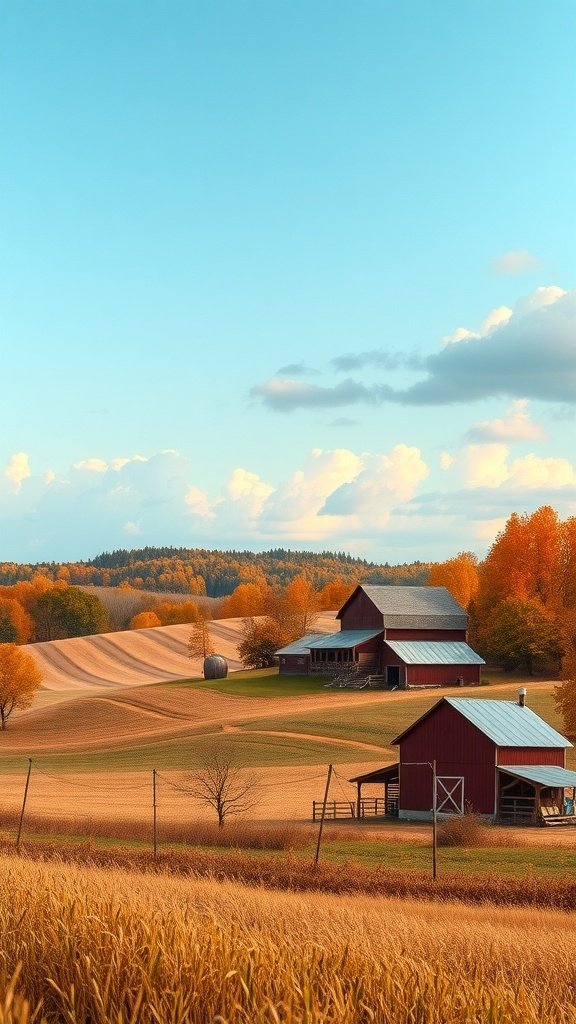 50 Gorgeous Fall Wallpapers to Transform Your Space A picturesque countryside scene during harvest time with red barns and colorful autumn trees.