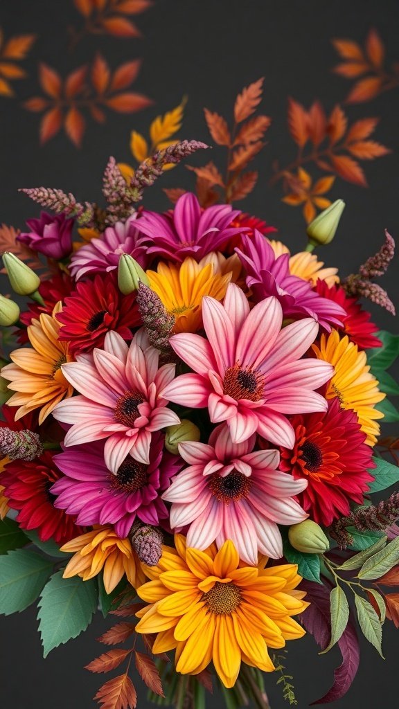 50 Gorgeous Fall Wallpapers to Transform Your Space A vibrant fall bouquet featuring sunflowers, daisies, and autumn leaves against a dark background.