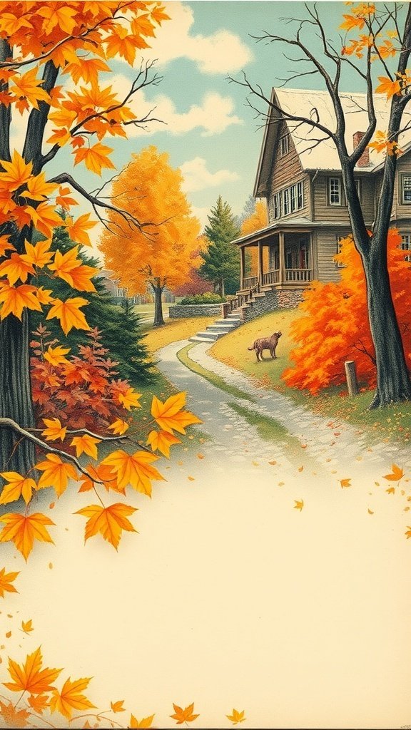 50 Gorgeous Fall Wallpapers to Transform Your Space A vintage autumn postcard featuring a cozy house surrounded by colorful fall foliage.