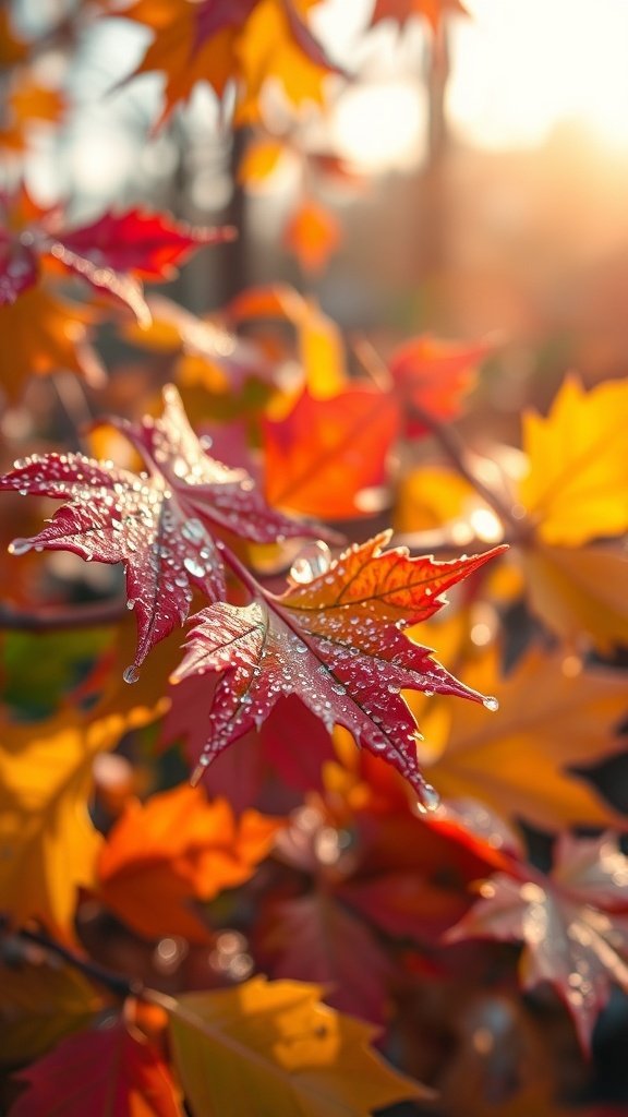 50 Gorgeous Fall Wallpapers to Transform Your Space Close-up of colorful autumn leaves with dew drops glistening on them