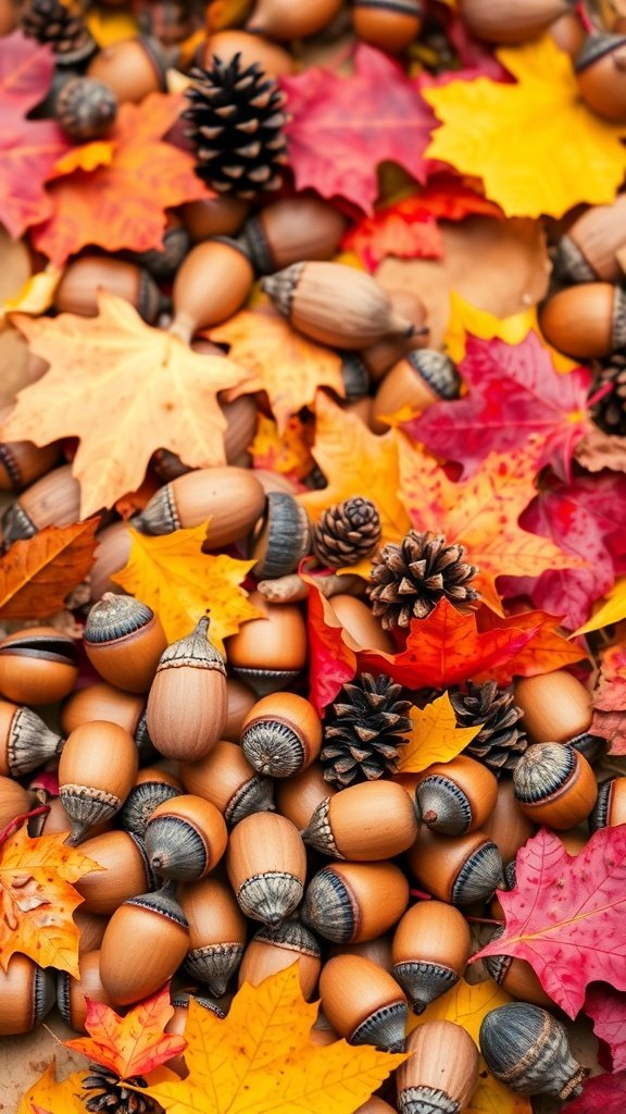 50 Gorgeous Fall Wallpapers to Transform Your Space A collection of acorns and pinecones surrounded by colorful autumn leaves.
