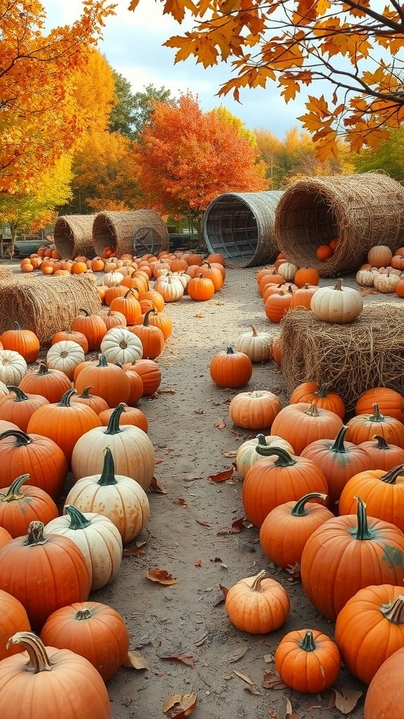 50 Gorgeous Fall Wallpapers to Transform Your Space A cozy pumpkin patch filled with various pumpkins surrounded by colorful autumn trees.