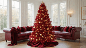 Styling a Red Christmas Tree: Transform Your Holiday Decor with Bold Elegance Cinematic wide-angle shot of an elegant living room showcasing a red artificial Christmas tree adorned with gold ornaments and velvet ribbons, complemented by a burgundy leather sectional sofa and warm natural lighting.