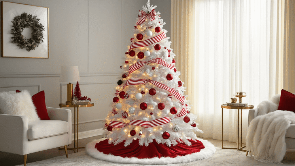 How to Create a Stunning Red and White Christmas Tree: A Festive Decor Guide A luxurious living room featuring a 7.5-foot white Christmas tree decorated with red and white striped ribbon, glass ornaments, and warm LED lights, set against a light gray wall with sunlight filtering through sheer curtains.
